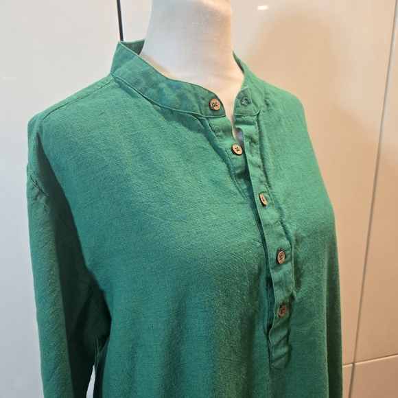 Cotton Textured 1/2 Button Down Midi Slit Tunic Dress Green Womens Size Large - Picture 2 of 9